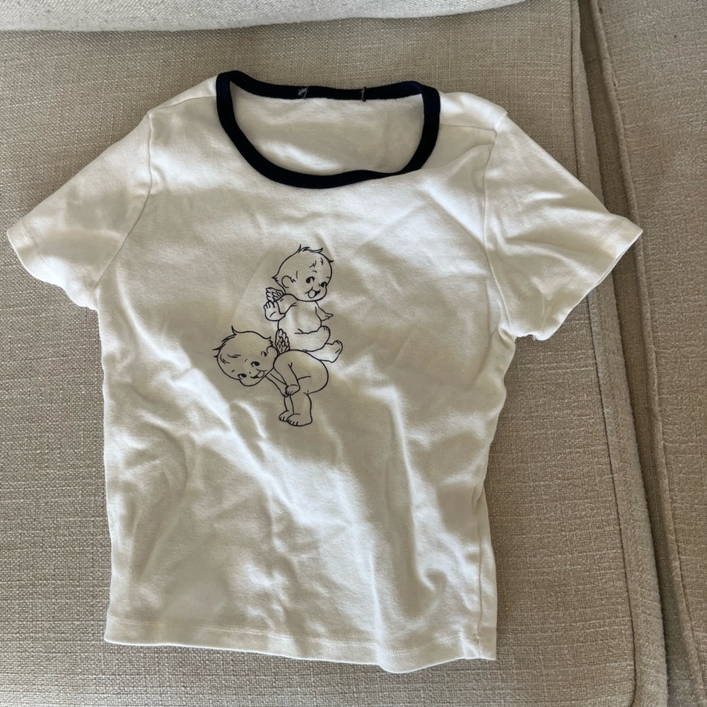 Brandy Melville Ringer Tee with Navy Trim and Cute Baby Graphic